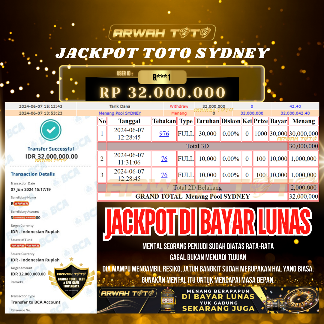 ARWAH TOTO JP BAYAR LUNAS Jackpot TOTO SYDNEY Withdraw Berhasil Rp 32.000.000
