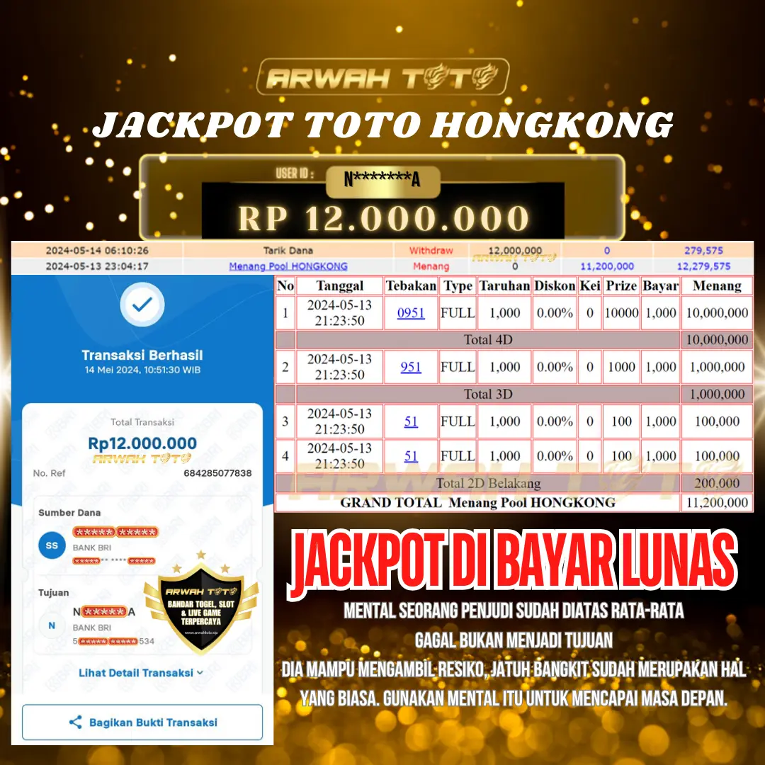 ARWAH TOTO JP BAYAR LUNAS Jackpot TOTO HONGKONG Withdraw Berhasil Rp 12.000.000