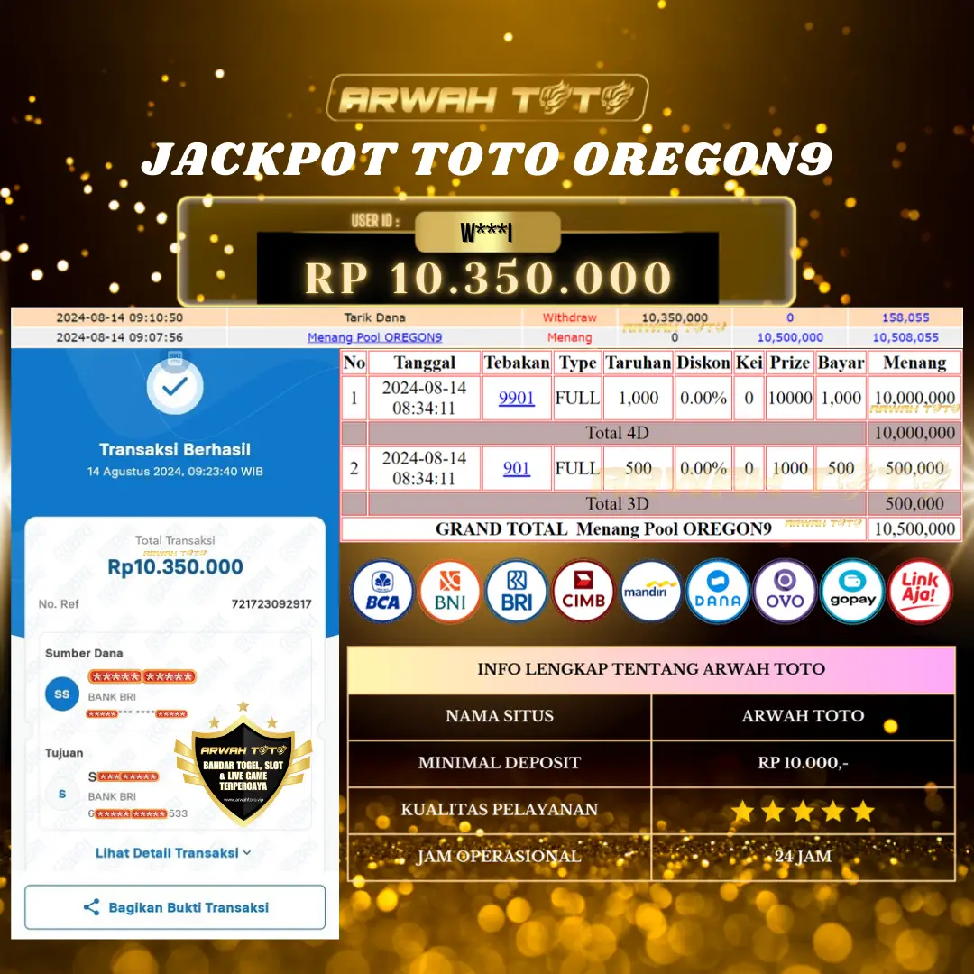 ARWAH TOTO JP BAYAR LUNAS Jackpot TOTO OREGON9 Withdraw Berhasil Rp 10.350.000
