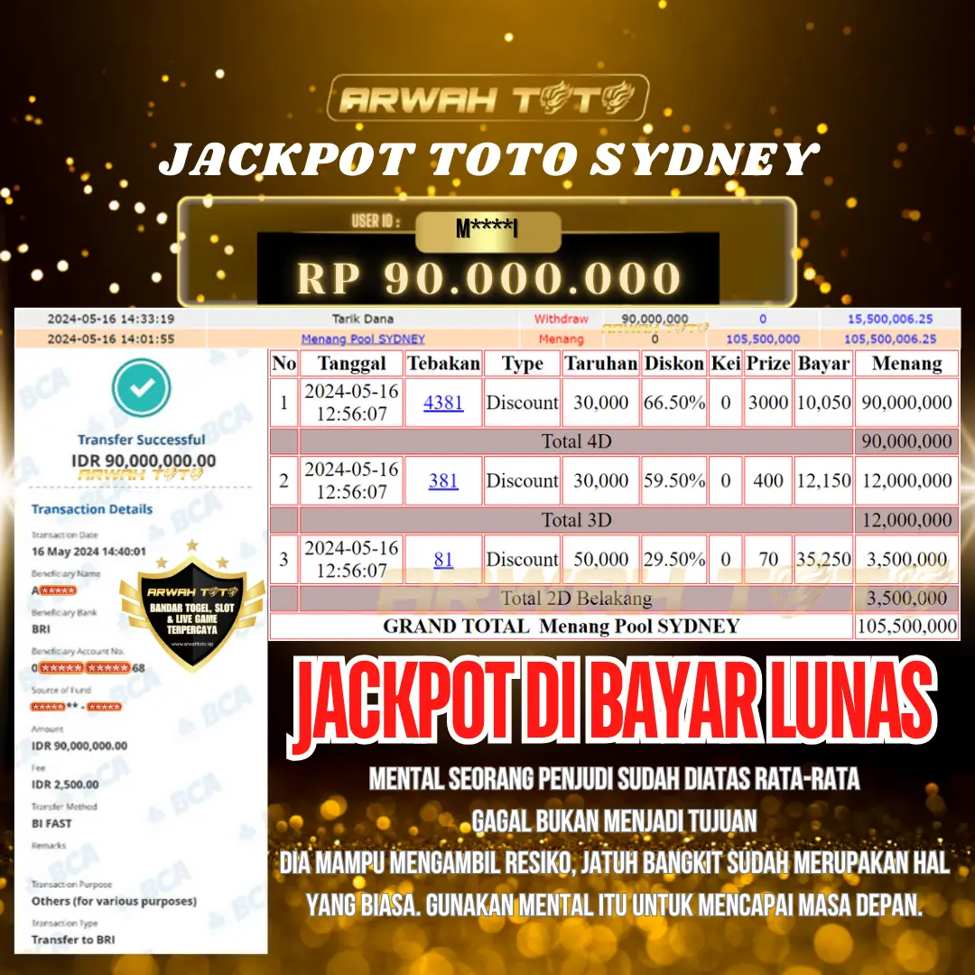 ARWAH TOTO JP BAYAR LUNAS Jackpot TOTO SYDNEY Withdraw Berhasil Rp 90.000.000