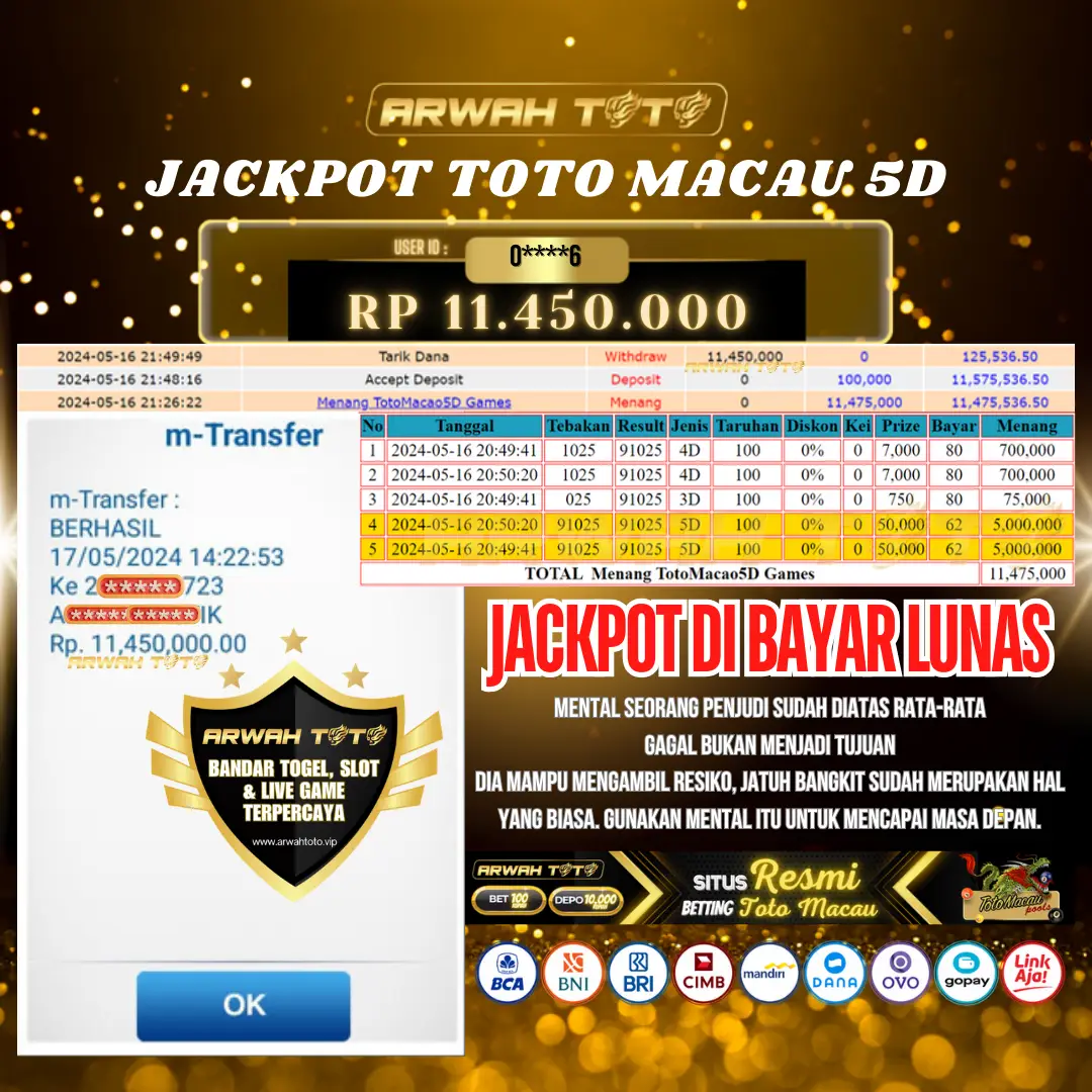 ARWAH TOTO JP BAYAR LUNAS Jackpot TOTO TOTO MACAU 5D Withdraw Berhasil Rp 11.450.000
