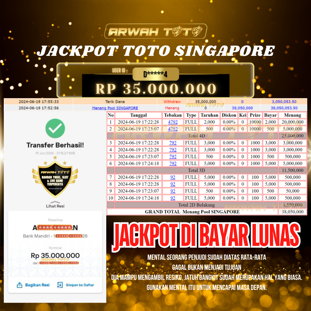 ARWAH TOTO JP BAYAR LUNAS Jackpot TOTO SINGAPORE Withdraw Berhasil Rp 35.000.000