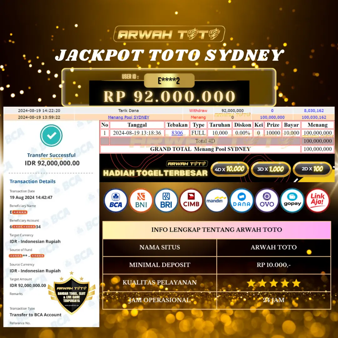 ARWAH TOTO JP BAYAR LUNAS Jackpot TOTO SYDNEY Withdraw Berhasil Rp 92.000.000