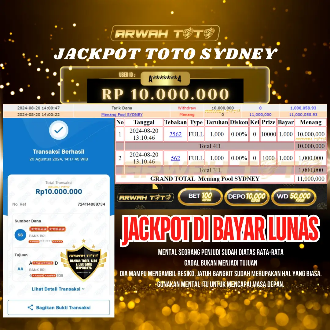 ARWAH TOTO JP BAYAR LUNAS Jackpot TOTO SYDNEY Withdraw Berhasil Rp 10.000.000