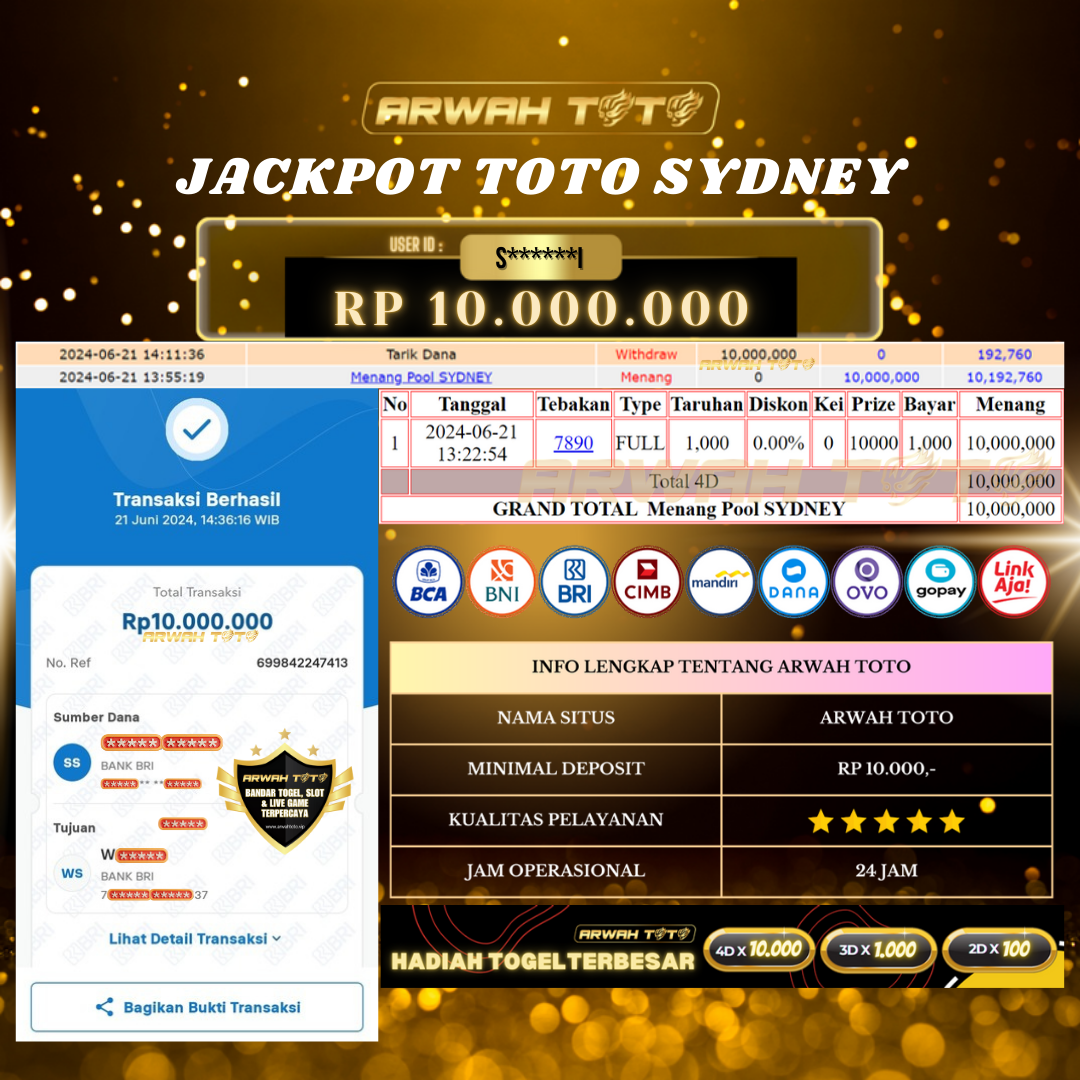 ARWAH TOTO JP BAYAR LUNAS Jackpot TOTO SYDNEY Withdraw Berhasil Rp 10.000.000
