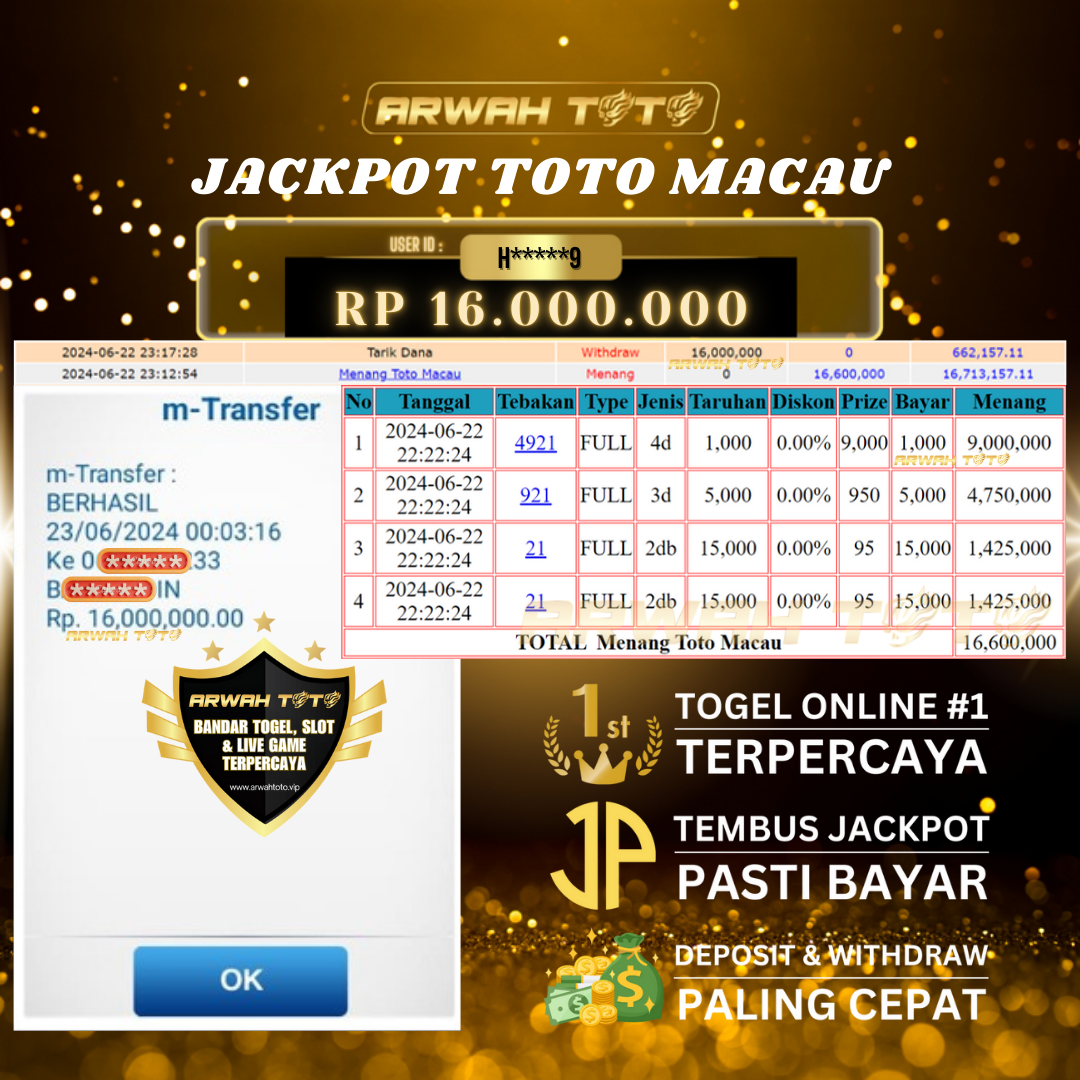 ARWAH TOTO JP BAYAR LUNAS Jackpot TOTO MACAU Withdraw Berhasil Rp 16.000.000