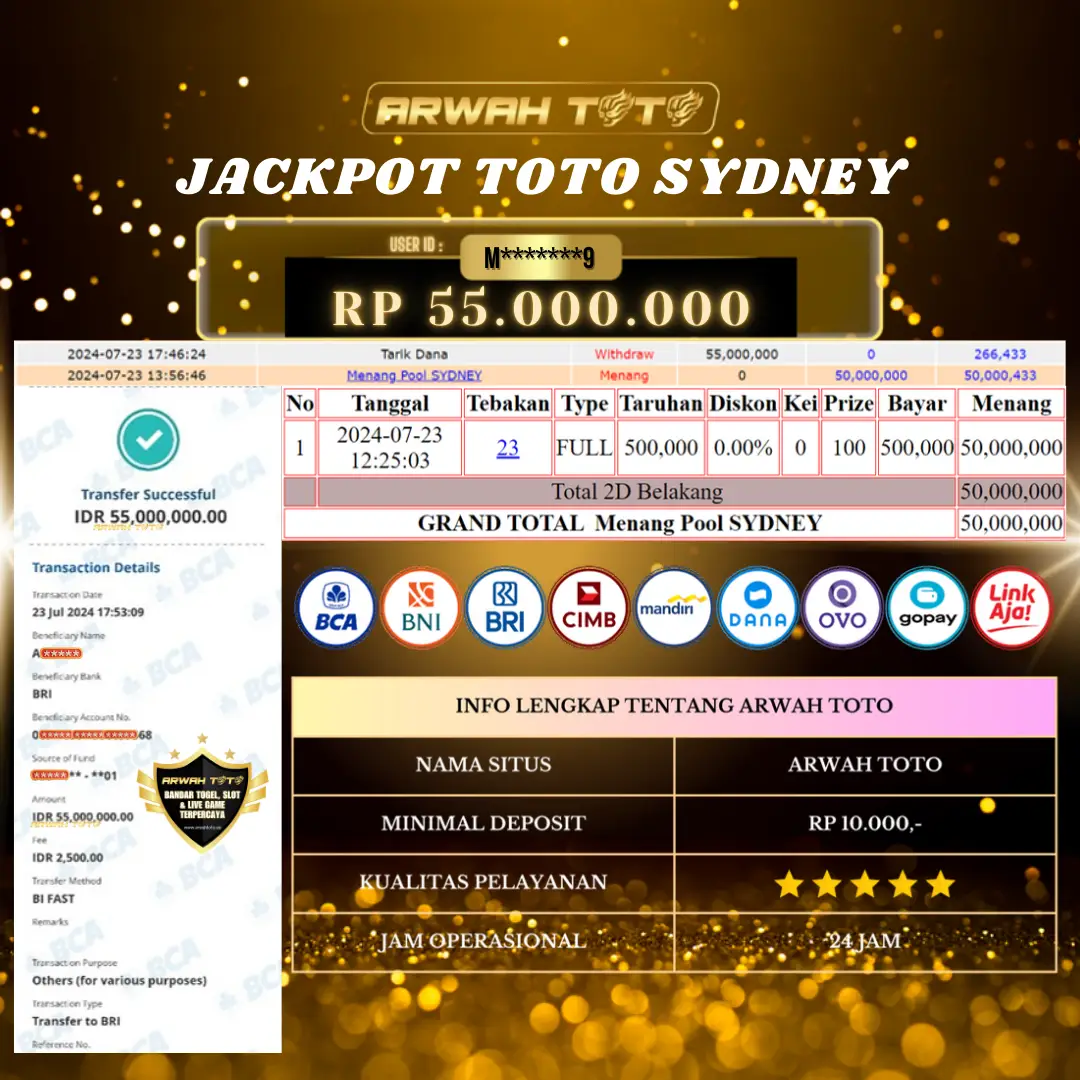 ARWAH TOTO JP BAYAR LUNAS Jackpot TOTO SYDNEY Withdraw Berhasil Rp 55.000.000