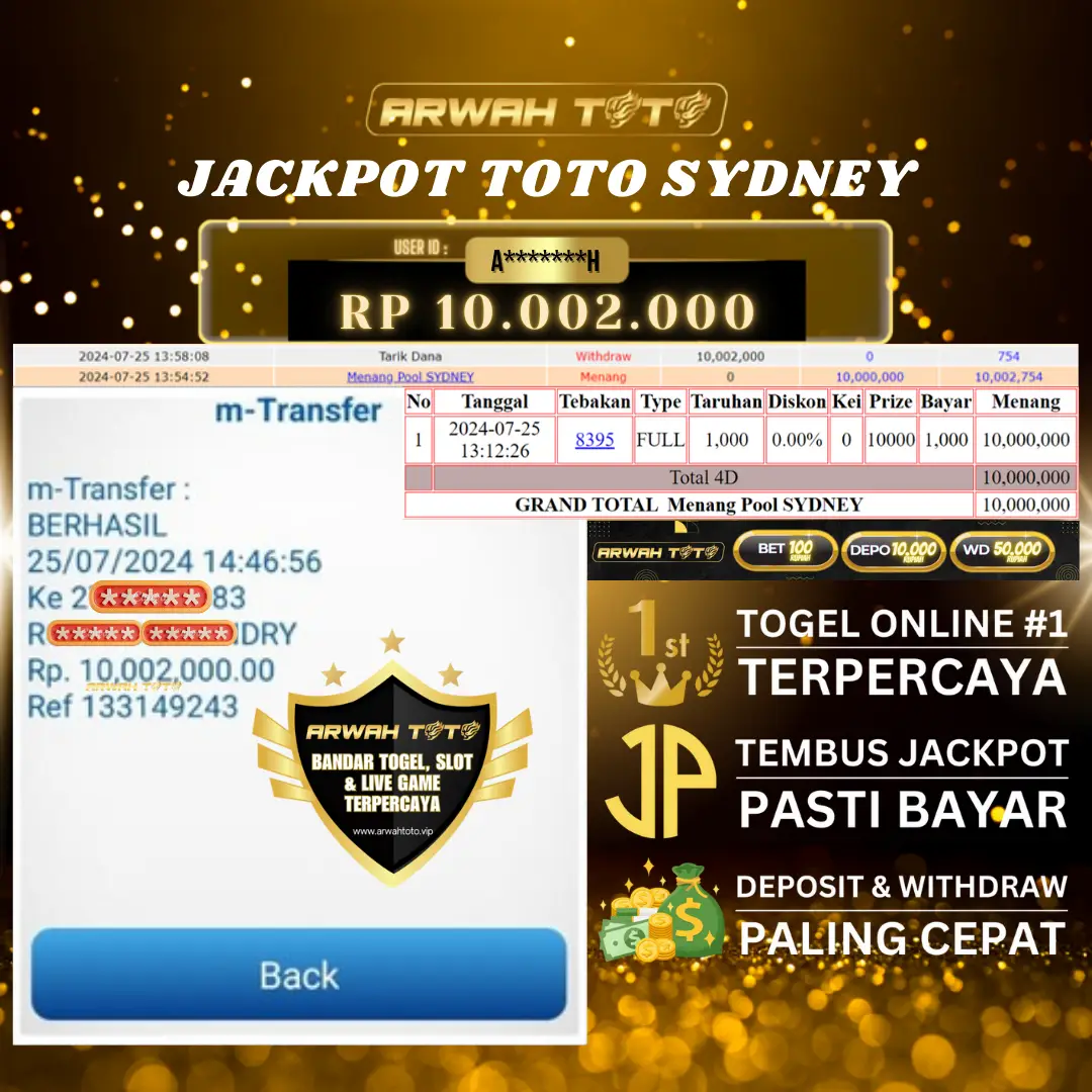 ARWAH TOTO JP BAYAR LUNAS Jackpot TOTO SYDNEY Withdraw Berhasil Rp 10.000.000