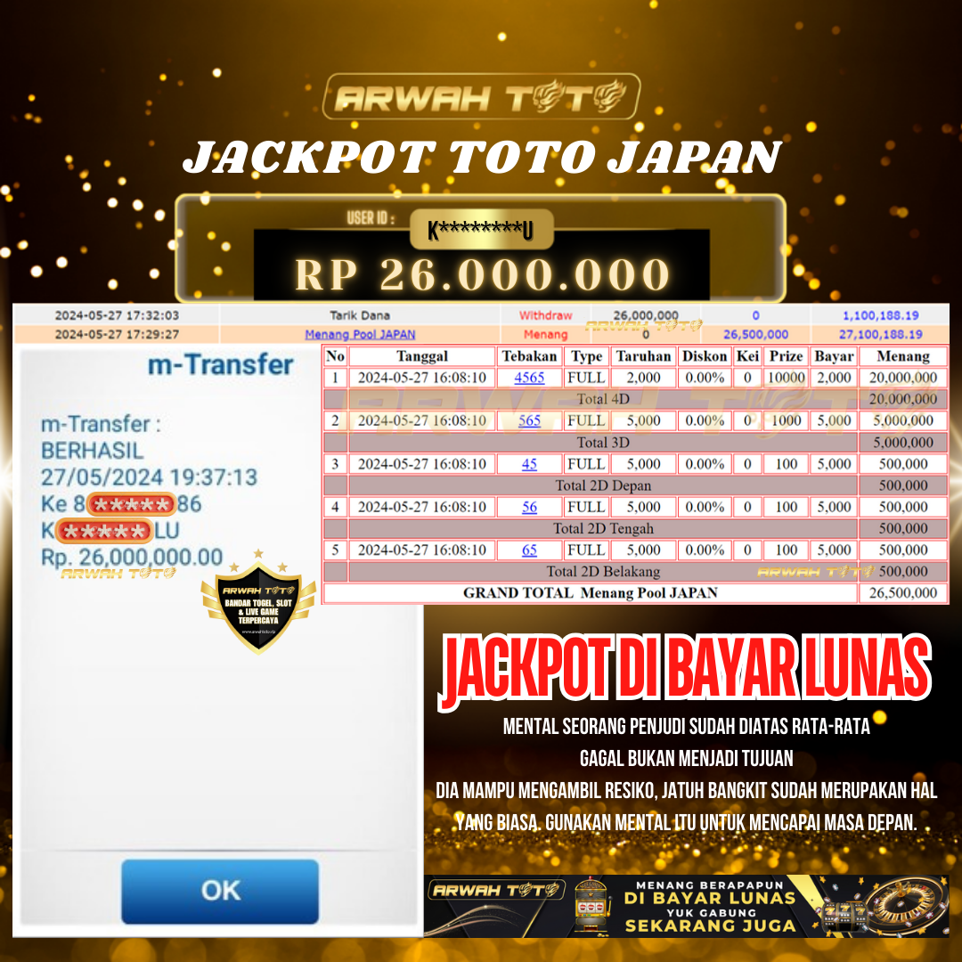 ARWAH TOTO JP BAYAR LUNAS Jackpot TOTO JAPAN Withdraw Berhasil Rp 26.000.000