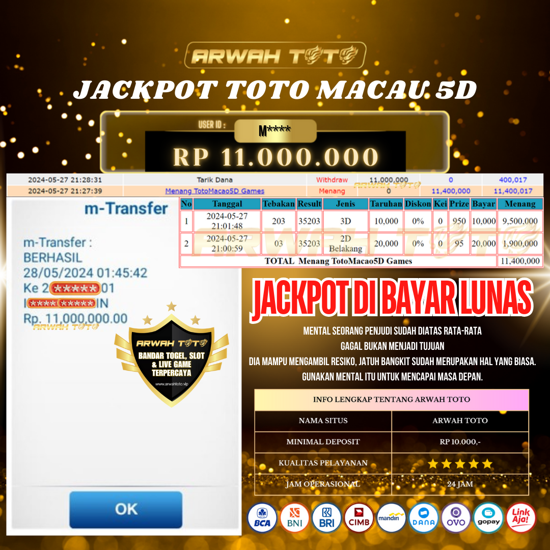 ARWAH TOTO JP BAYAR LUNAS Jackpot TOTO MACAU 5D Withdraw Berhasil Rp 11.000.000