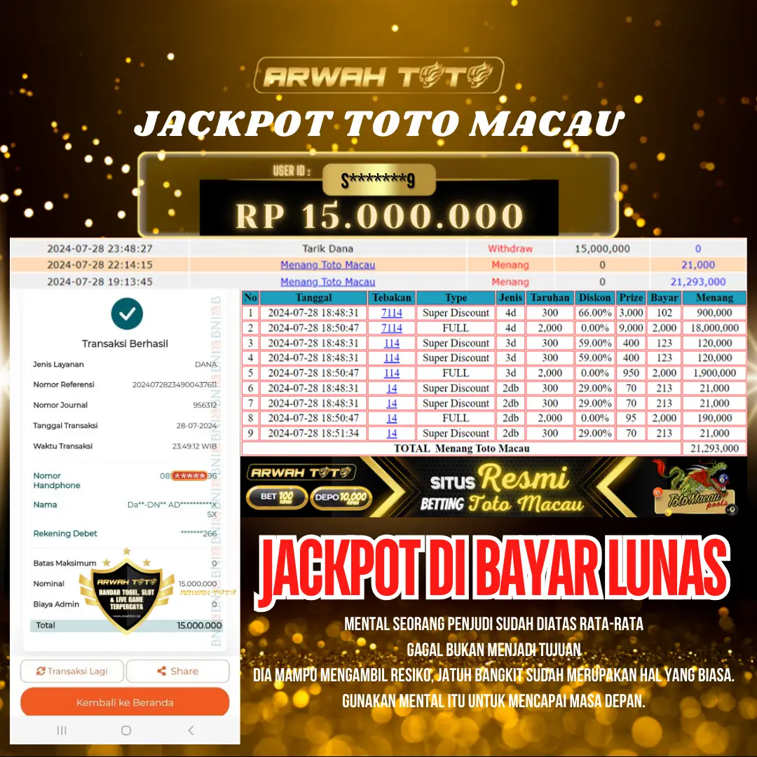 ARWAH TOTO JP BAYAR LUNAS Jackpot TOTO MACAU Withdraw Berhasil Rp 15.000.000