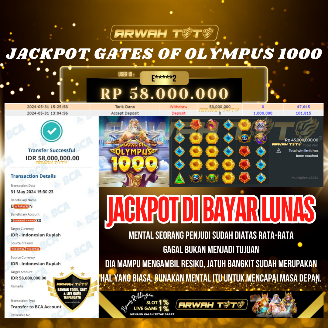 ARWAH TOTO JP DIBAYAR LUNAS Jackpot SLOT GAMES Withdraw Berhasil Rp 58.000.000