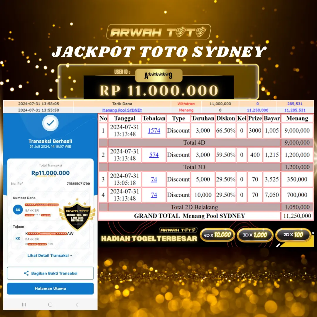 ARWAH TOTO JP BAYAR LUNAS Jackpot TOTO SYDNEY Withdraw Berhasil Rp 11.000.000