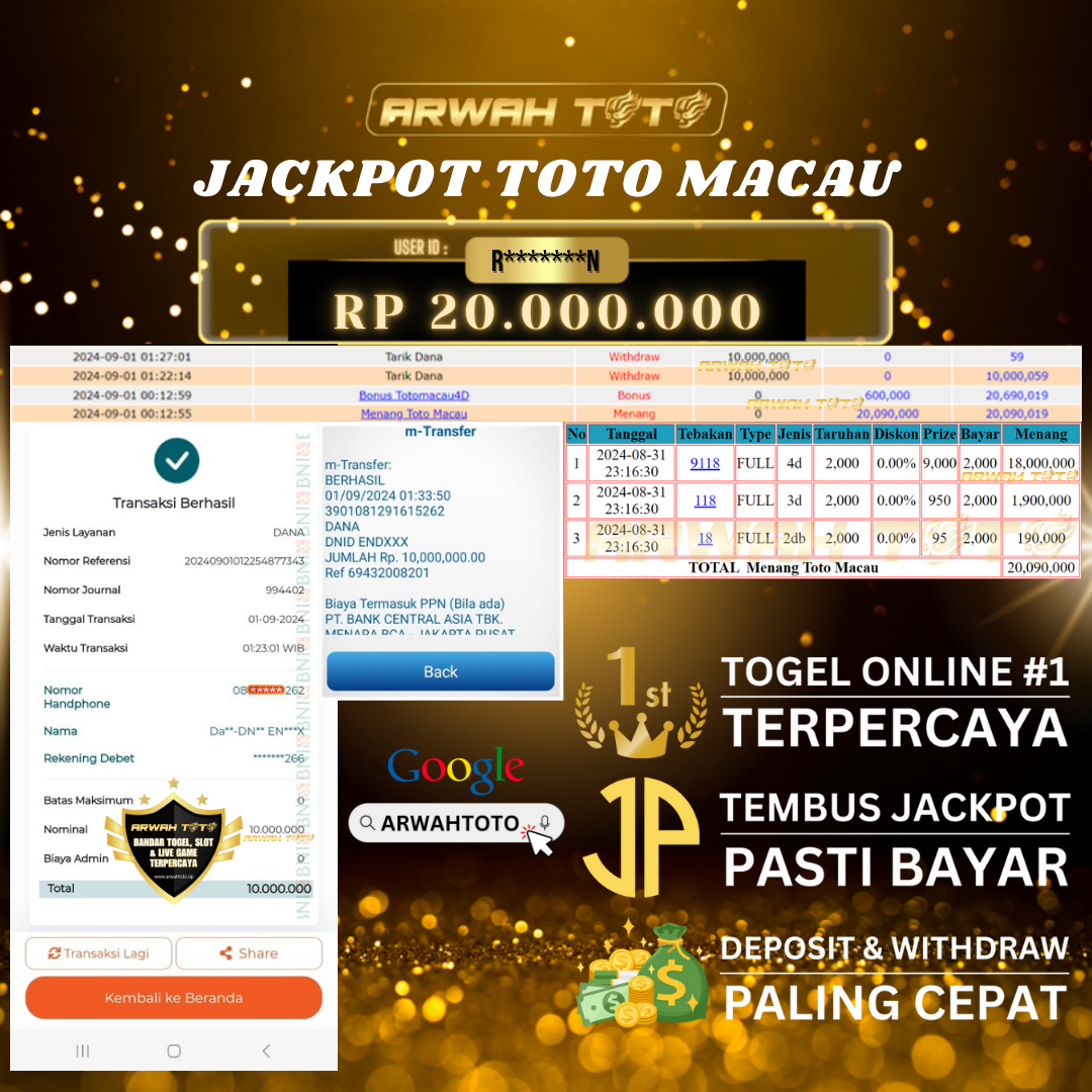 ARWAH TOTO JP BAYAR LUNAS Jackpot TOTO MACAU Withdraw Berhasil Rp 20.000.000
