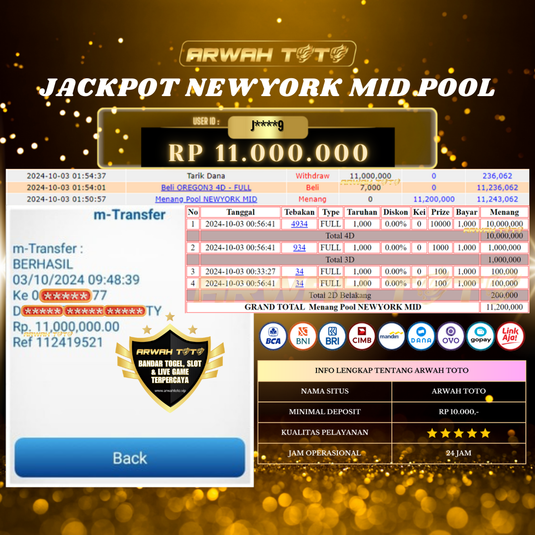 ARWAH TOTO JP BAYAR LUNAS Jackpot TOTO NEWYORK MID Withdraw Berhasil Rp 11.000.000