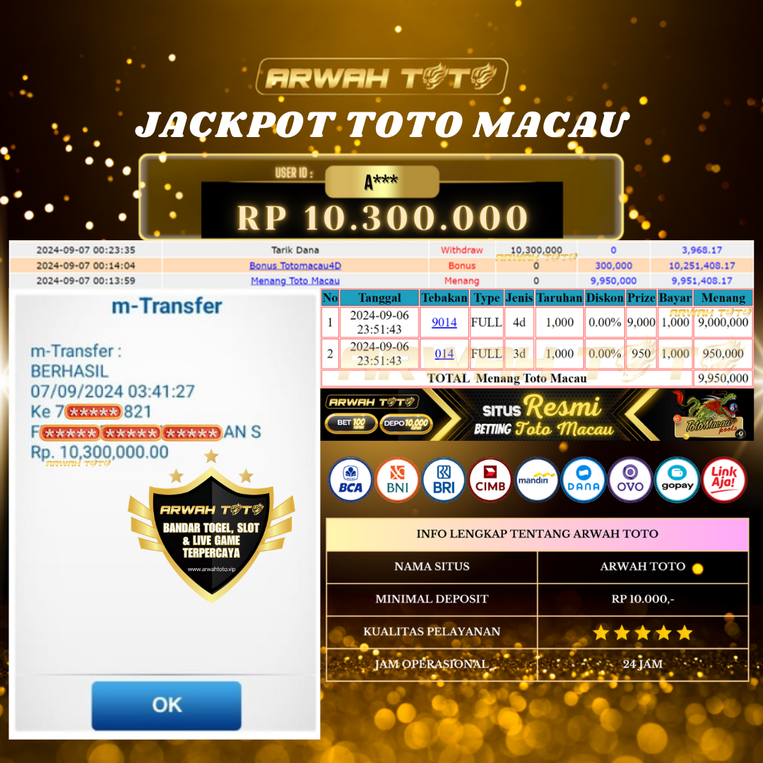 ARWAH TOTO JP BAYAR LUNAS Jackpot TOTO MACAU Withdraw Berhasil Rp 10.300.000