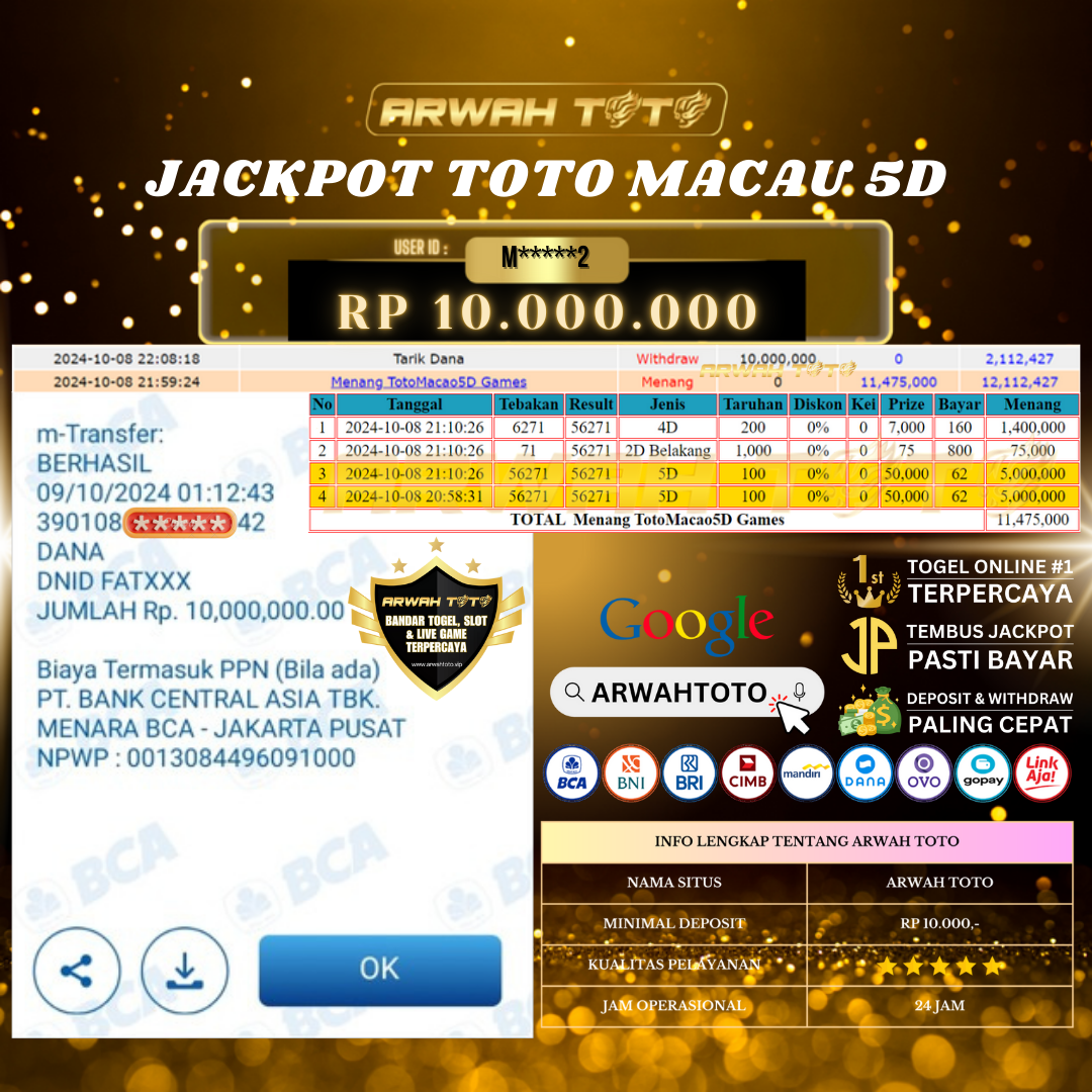 ARWAH TOTO JP BAYAR LUNAS Jackpot 5D TOTO MACAU Withdraw Berhasil Rp 10.000.000