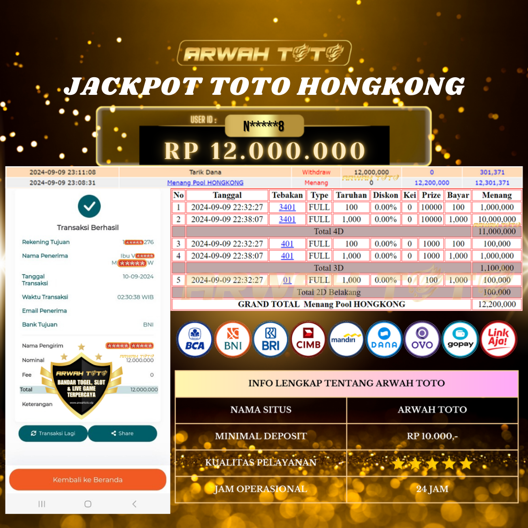ARWAH TOTO JP BAYAR LUNAS Jackpot TOTO HONGKONG Withdraw Berhasil Rp 12.000.000