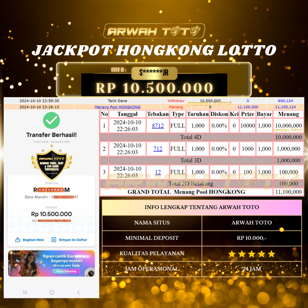 ARWAH TOTO JP BAYAR LUNAS Jackpot HONGKONG LOTTO Withdraw Berhasil Rp 10.500.000