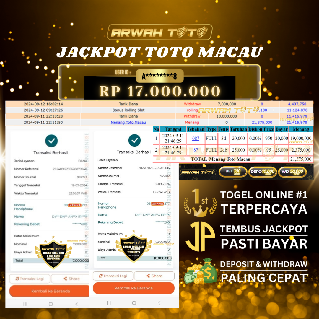 ARWAH TOTO JP BAYAR LUNAS Jackpot TOTO MACAU Withdraw Berhasil Rp 17.000.000