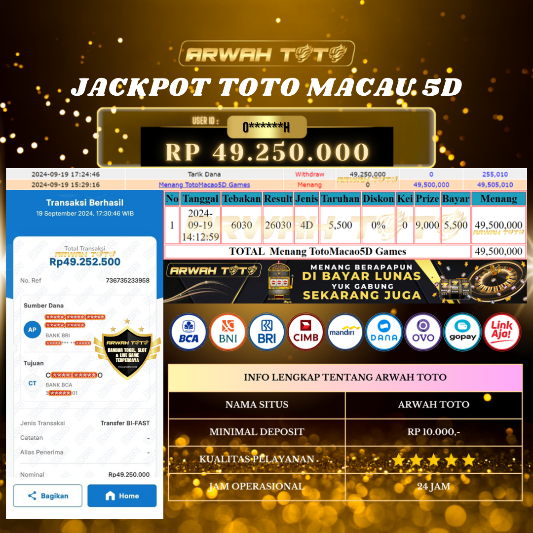 ARWAH TOTO JP BAYAR LUNAS Jackpot 5D TOTO MACAU Withdraw Berhasil Rp 49.250.000