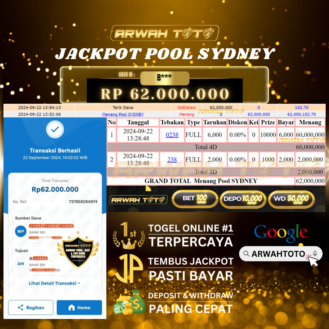 ARWAH TOTO JP BAYAR LUNAS Jackpot TOTO SYDNEY Withdraw Berhasil Rp 62.000.000