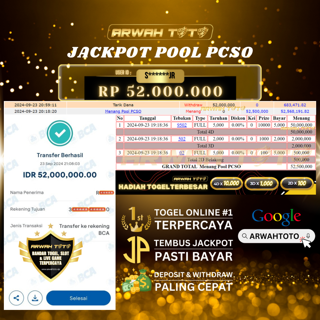 ARWAH TOTO JP BAYAR LUNAS Jackpot TOTO PCSO Withdraw Berhasil Rp 52.000.000