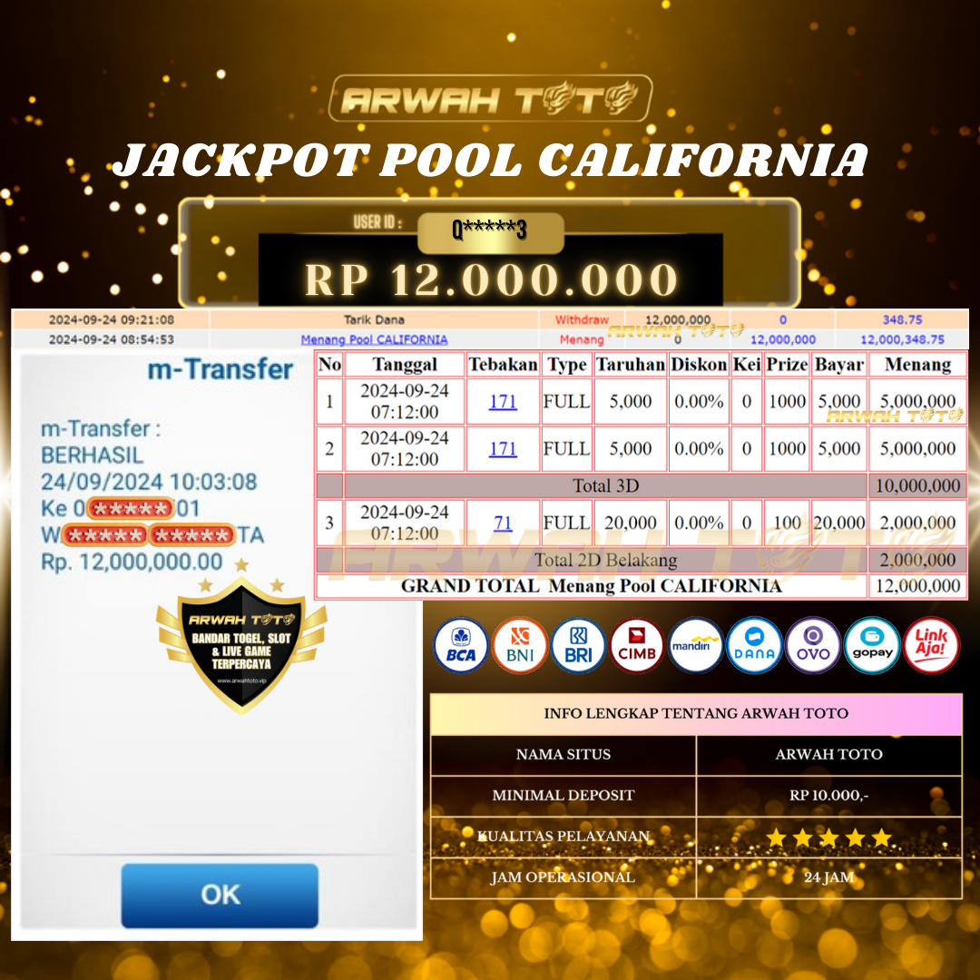 ARWAH TOTO JP BAYAR LUNAS Jackpot TOTO CALIFORNIA Withdraw Berhasil Rp 12.000.000