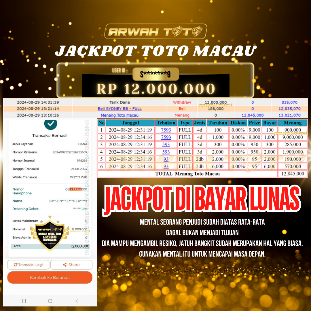 ARWAH TOTO JP BAYAR LUNAS Jackpot TOTO MACAU Withdraw Berhasil Rp 12.000.000