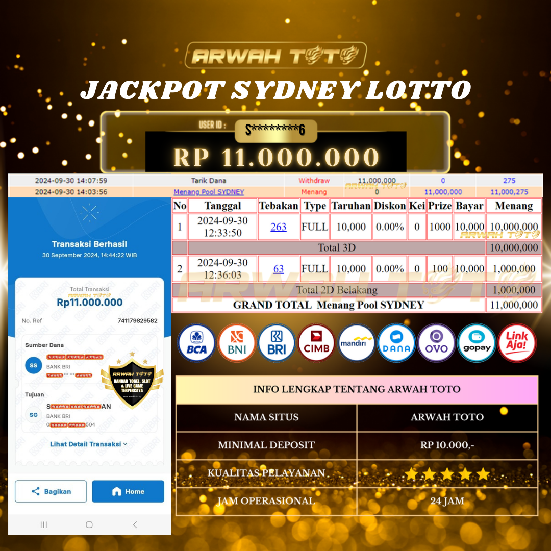 ARWAH TOTO JP BAYAR LUNAS Jackpot SYDNEY LOTTO Withdraw Berhasil Rp 11.000.000